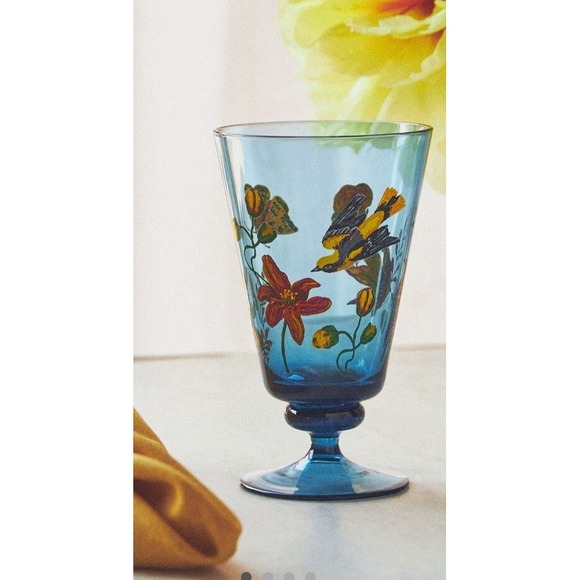 Anthropologie Nathalie Lete Marais Glass Water Goblet Blue Birds Butterfly NEW - Picture 1 of 5
